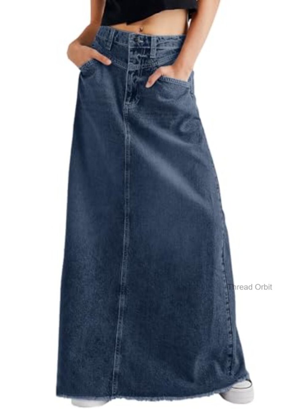 Vintage Denim Maxi Skirt Frayed Raw Hem High Waist A-Line Long Jean Skirt